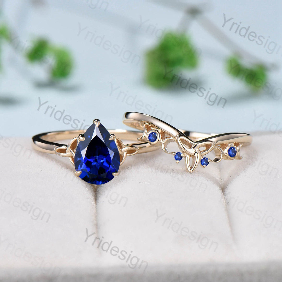 Norse Viking blue sapphire engagement ring set pear shaped blue gemstone wedding ring set women Unique Celtic Love Knot bridal ring gift - PENFINE