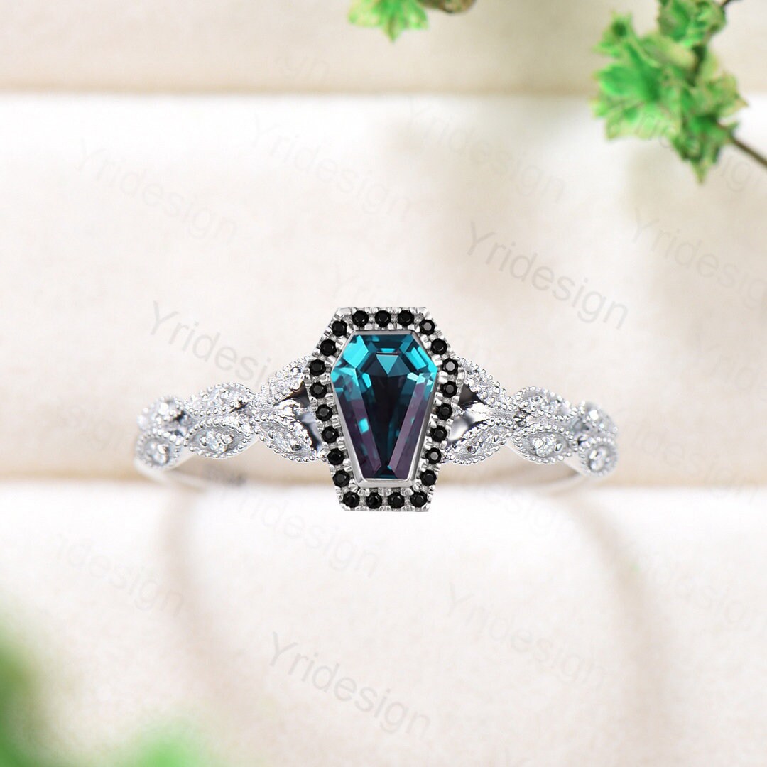 Unique Coffin shaped Alexandrite engagement ring Halo Black diamond retro wedding ring Gothic Limited  Color Change split shank promise Ring - PENFINE
