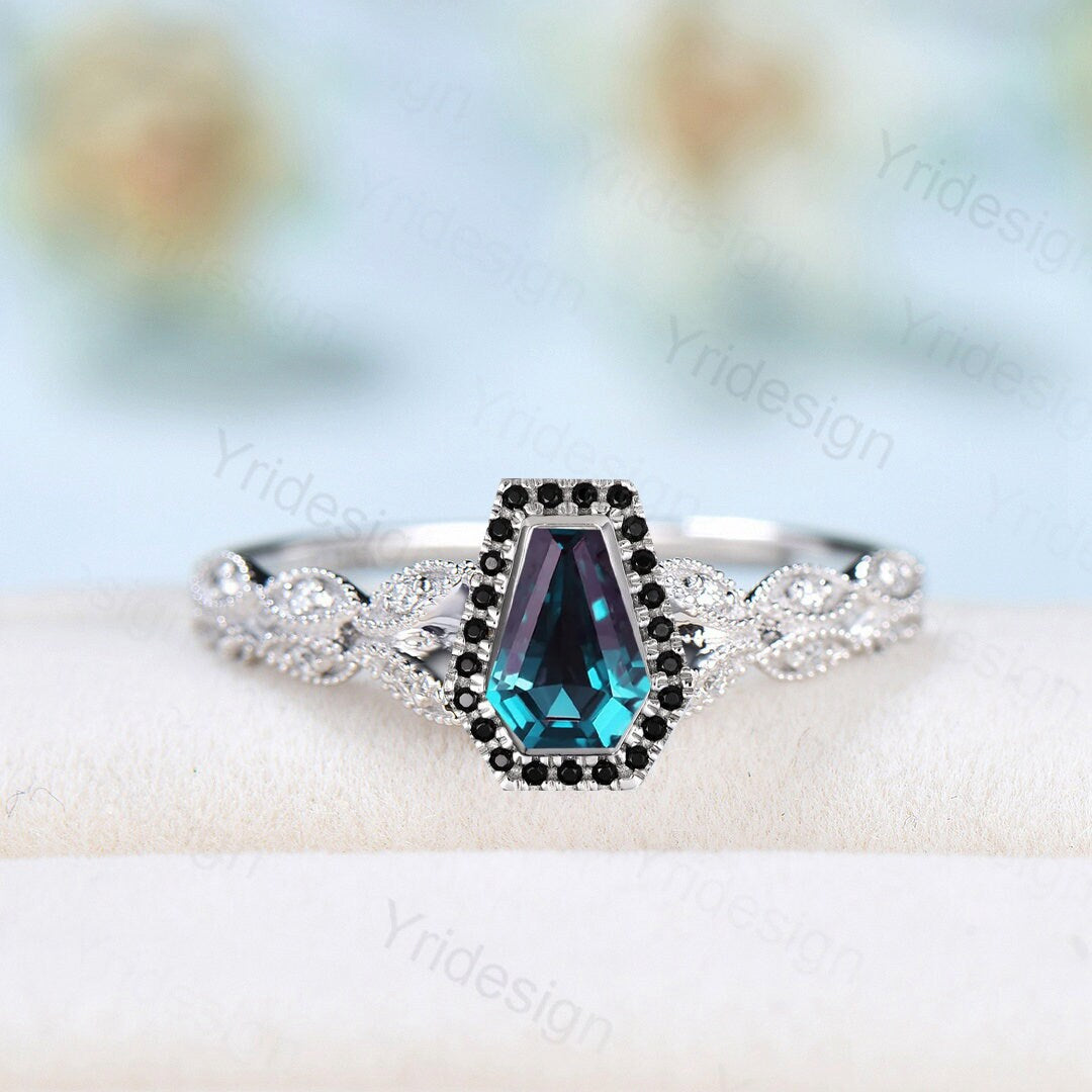 Unique Coffin shaped Alexandrite engagement ring Halo Black diamond retro wedding ring Gothic Limited  Color Change split shank promise Ring - PENFINE