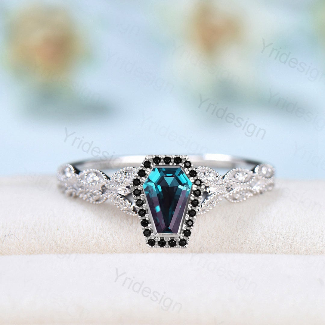 Unique Coffin shaped Alexandrite engagement ring Halo Black diamond retro wedding ring Gothic Limited  Color Change split shank promise Ring - PENFINE