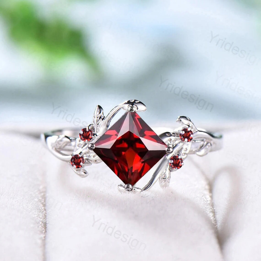 Nature Inspired natural garnet ring cluster Leaf engagement ring women unique branch wedding ring January Birthstone Jewelry Proposal Gift - PENFINE