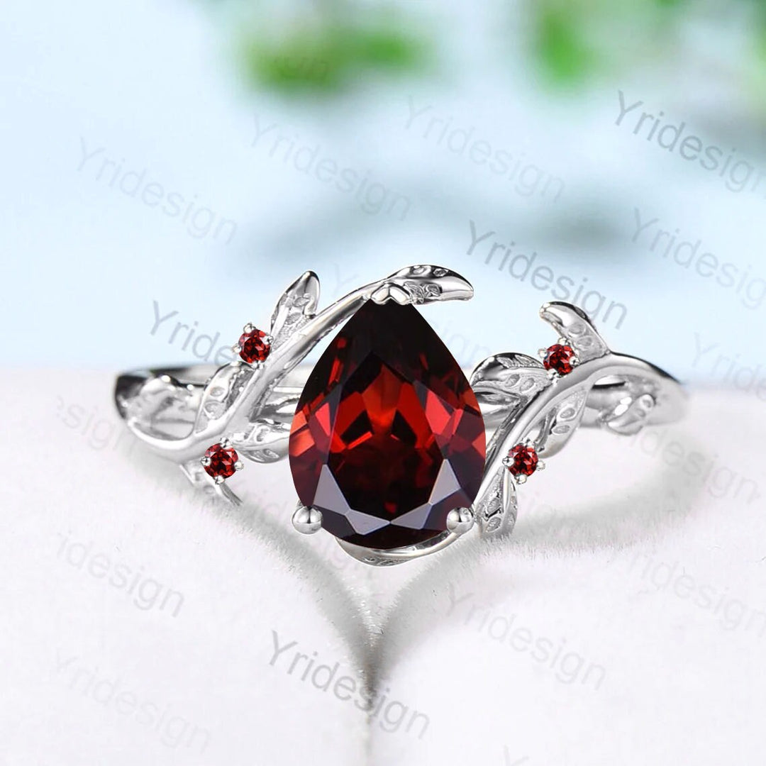 Nature Inspired natural garnet ring cluster Leaf engagement ring women unique branch wedding ring January Birthstone Jewelry Proposal Gift - PENFINE