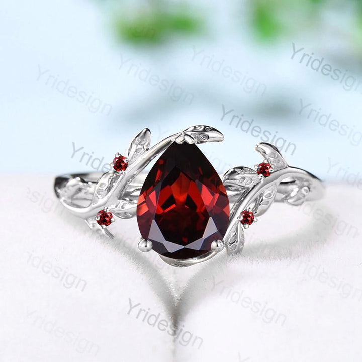 Nature Inspired natural garnet ring cluster Leaf engagement ring women unique branch wedding ring January Birthstone Jewelry Proposal Gift - PENFINE