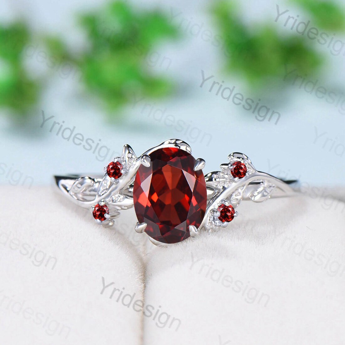 Nature Inspired natural garnet ring cluster Leaf engagement ring women unique branch wedding ring January Birthstone Jewelry Proposal Gift - PENFINE