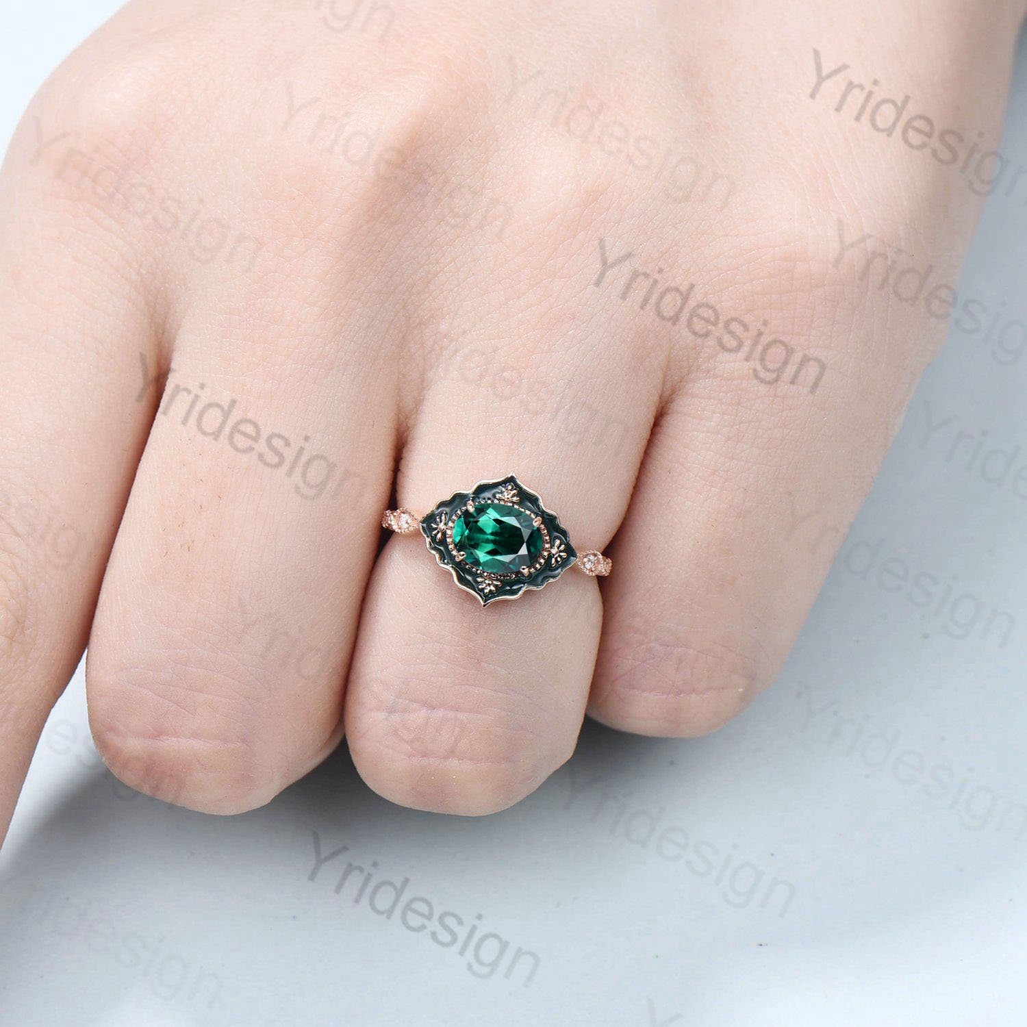 Vintage Emerald Engagement Ring Unique Enamel Green Crystal Wedding Ring Women Solid Yellow Gold Art Deco Antique Anniversary Gift For Her - PENFINE