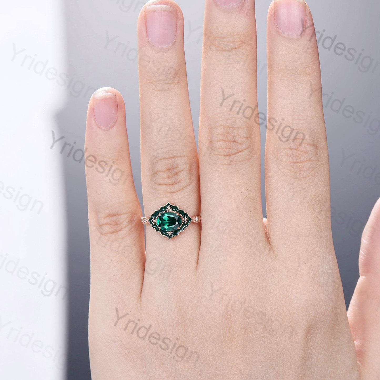 Vintage Emerald Engagement Ring Unique Enamel Green Crystal Wedding Ring Women Solid Yellow Gold Art Deco Antique Anniversary Gift For Her - PENFINE