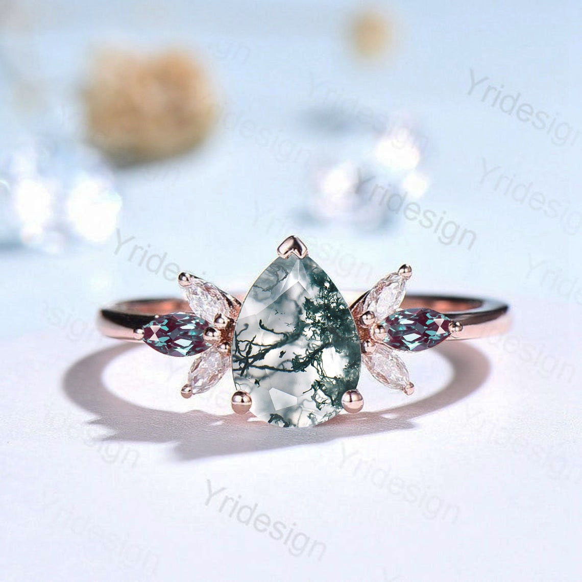 Unique Pear Moss Agate Engagement Ring Set Teardrop green agate wedding ring set marqusie kite alexandrite stacking ring vintage style set - PENFINE