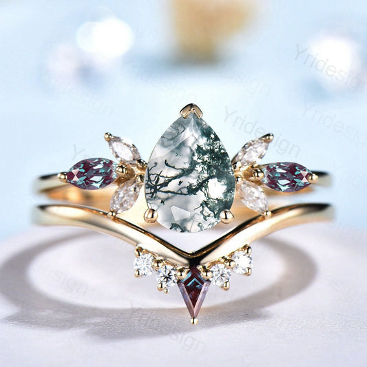 Unique Pear Moss Agate Engagement Ring Set Teardrop green agate wedding ring set marqusie kite alexandrite stacking ring vintage style set