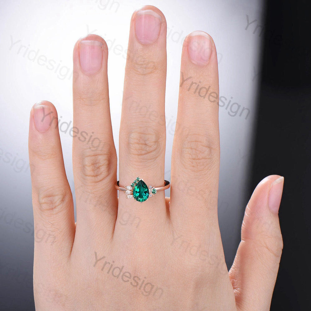 Unique Pear Shaped Emerald Engagement Ring Vintage Green Crystal Wedding Ring Art Deco Cluster Moon Anniversary Ring Proposal Gift for Women - PENFINE