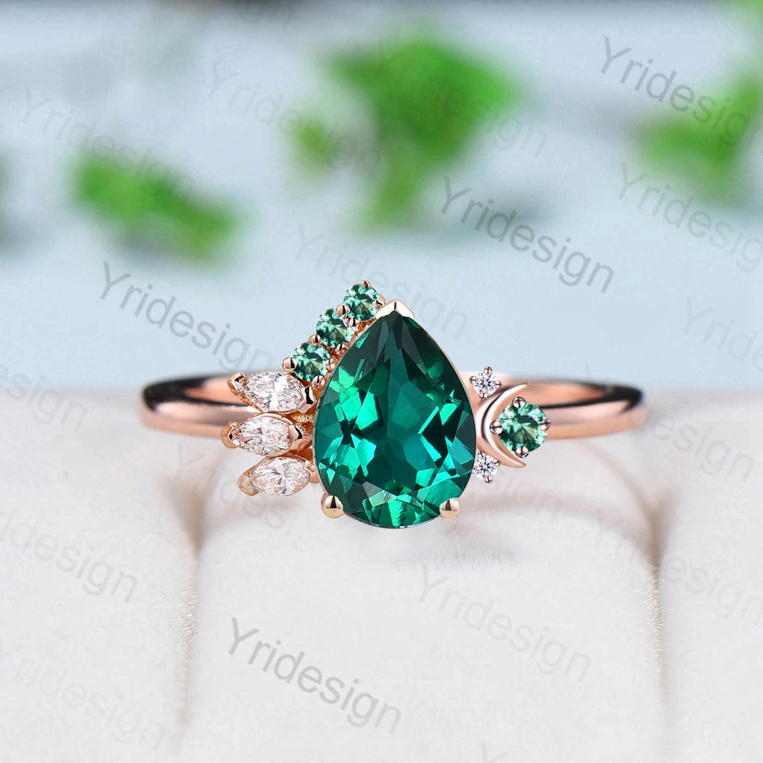 Unique Pear Shaped Emerald Engagement Ring Vintage Green Crystal Wedding Ring Art Deco Cluster Moon Anniversary Ring Proposal Gift for Women - PENFINE