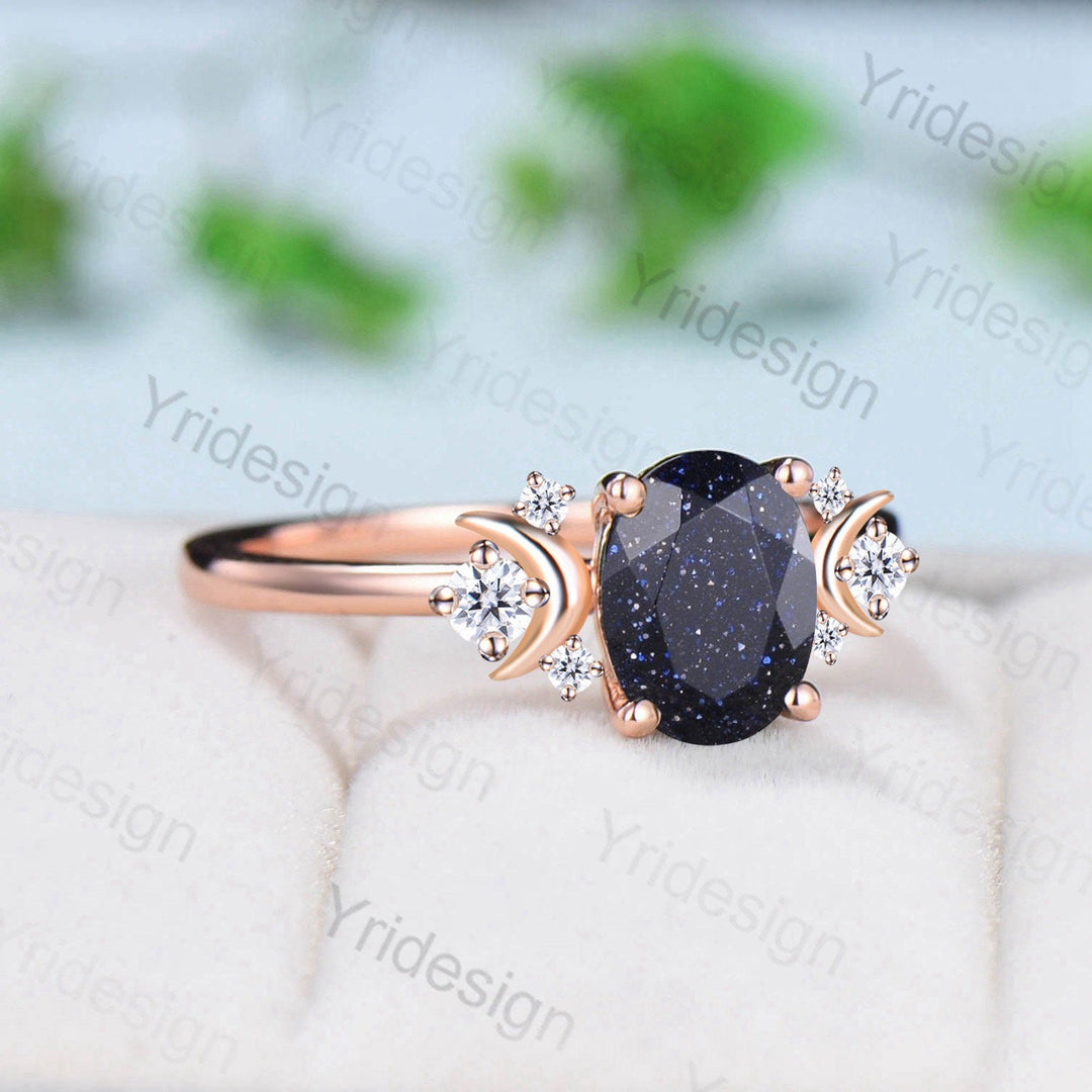 Vintage Moon Blue Sandstone Ring Unique 1.5Ct Oval Galaxy Engagement Ring Wedding Ring For Women Unique Handmade Proposal Gifts for Women - PENFINE