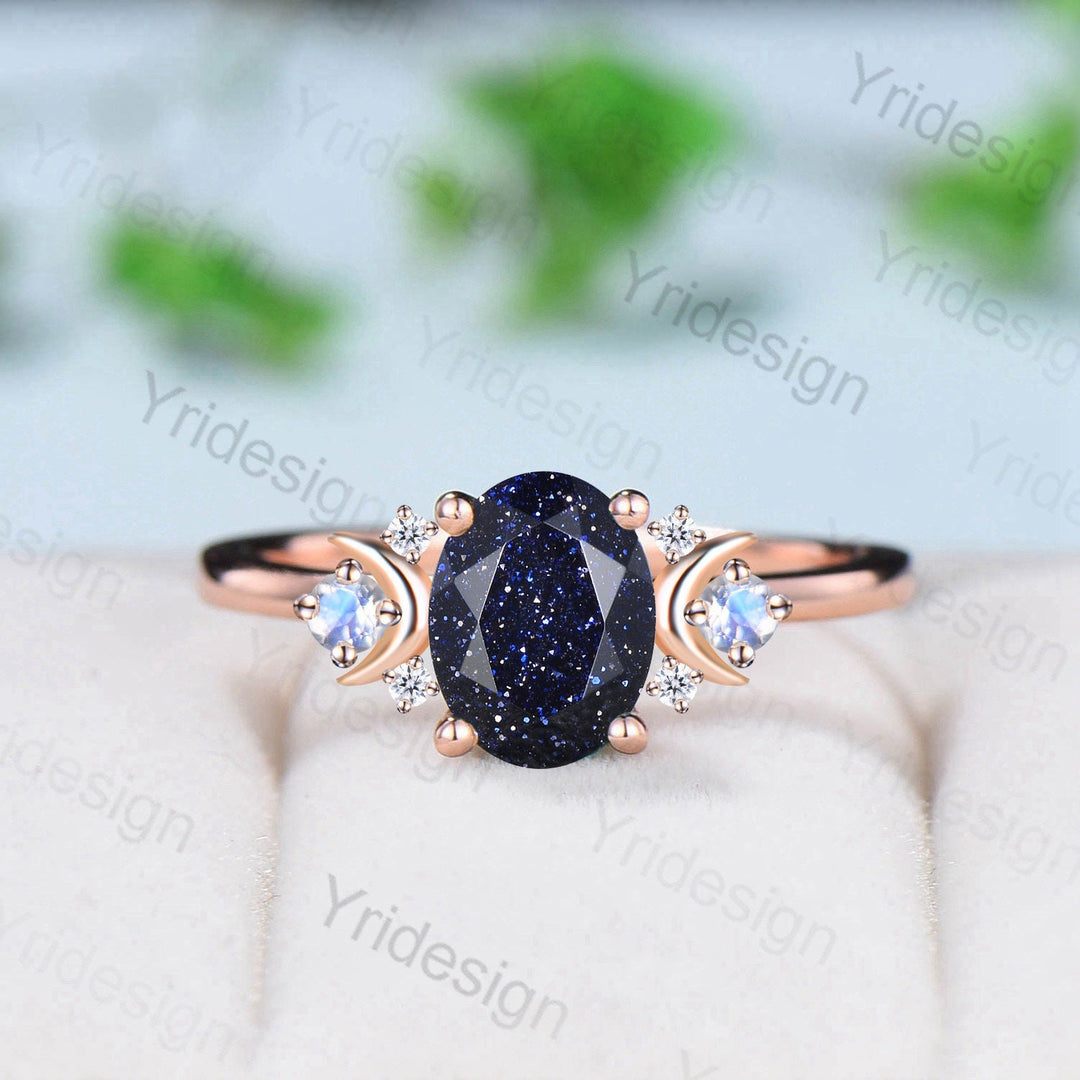 Vintage Moon Blue Sandstone Ring Unique 1.5Ct Oval Galaxy Engagement Ring Wedding Ring For Women Unique Handmade Proposal Gifts for Women - PENFINE