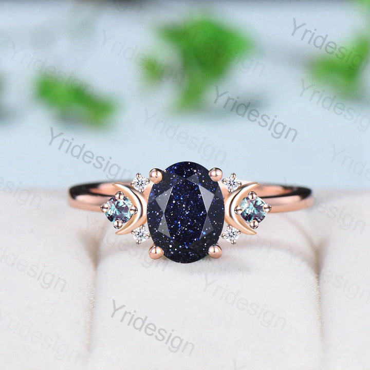 Vintage Moon Blue Sandstone Ring Unique 1.5Ct Oval Galaxy Engagement Ring Wedding Ring For Women Unique Handmade Proposal Gifts for Women - PENFINE
