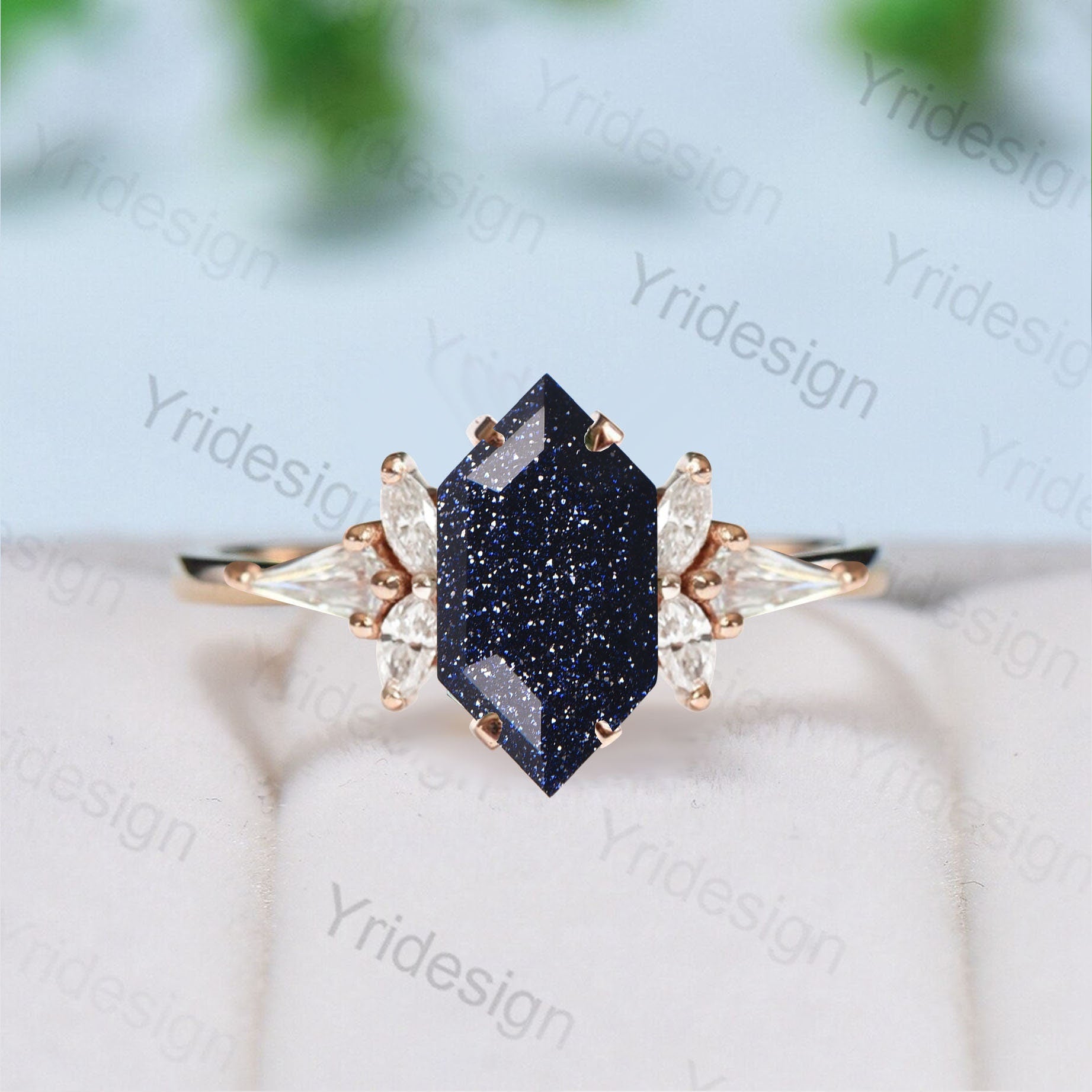 Unique Hexagon Cut Blue Sandstone Engagement Ring, Black Spinel Cluster Promise Ring, Rose Gold Wedding Ring, Galaxy Stone Anniversary Ring newest