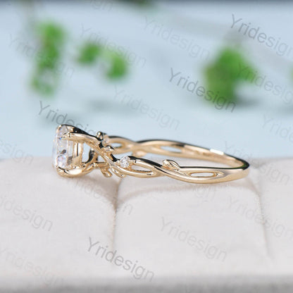 Round Brilliant Moissanite ring Leaf Branch Moissanite Engagement Ring 14K Yellow Gold Nature Inspired Wedding Ring Unique Twig Promise Ring - PENFINE