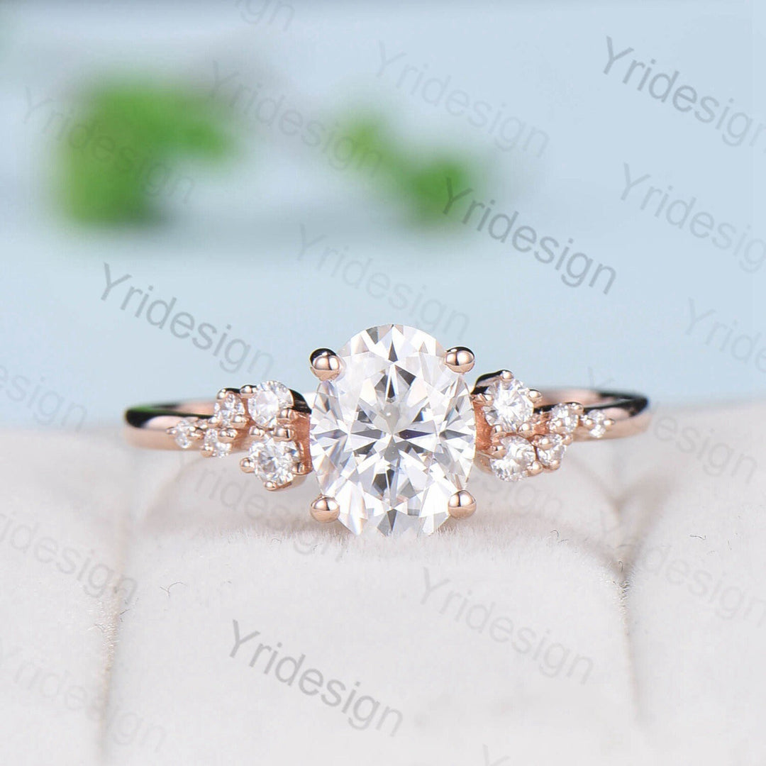 Oval Moissanite Engagement Ring Set 1.5ct VVS Moissanite Ring Vintage 14K Rose Gold Bridal Set Unique Oval Engagement Rings For Women - PENFINE