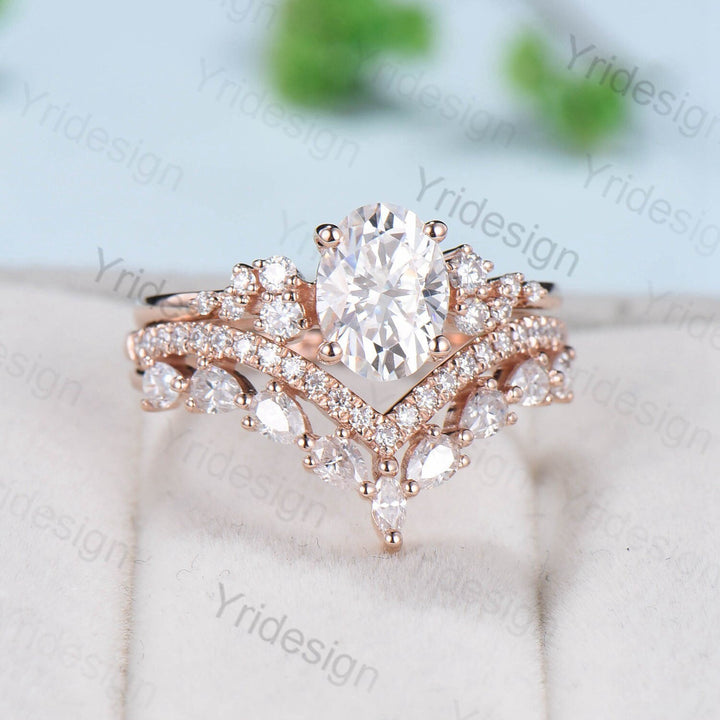 Oval Moissanite Engagement Ring Set 1.5ct VVS Moissanite Ring Vintage 14K Rose Gold Bridal Set Unique Oval Engagement Rings For Women - PENFINE