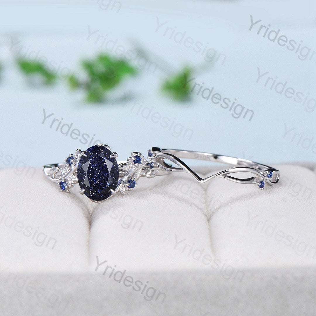 Nature Inspired Galaxy Blue Sandstone Engagement Ring Set Cluster Sapphire Wedding Ring Set Women Unique Leaves Branch Personalized Gift - PENFINE