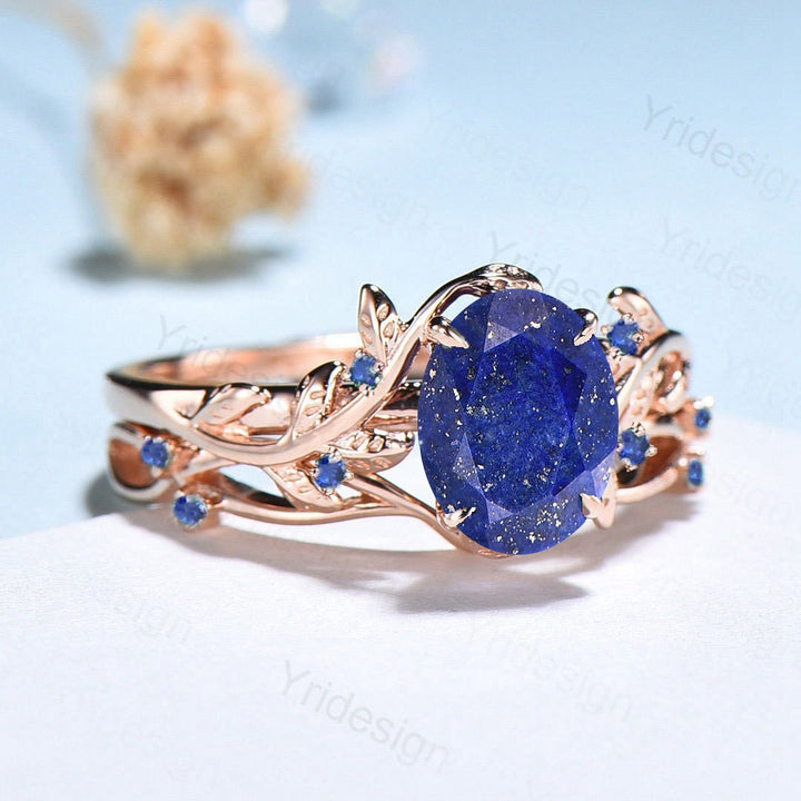 Nature Inspired Lapis Lazuli Wedding Ring Set Elegant Twig Engagement Ring Cluster Sapphire Branch Promise Ring Blue Stone Anniversary Ring - PENFINE