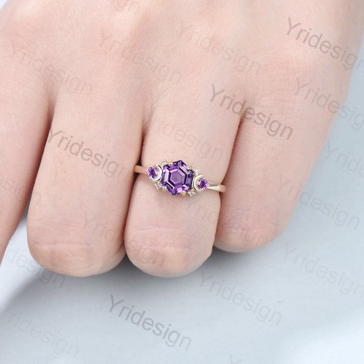 Vintage Amethyst Ring Unique Hexagon Amethyst Moon Engagement Ring women Art Deco February birthstone ring gift Purple Crystal Promise Ring - PENFINE