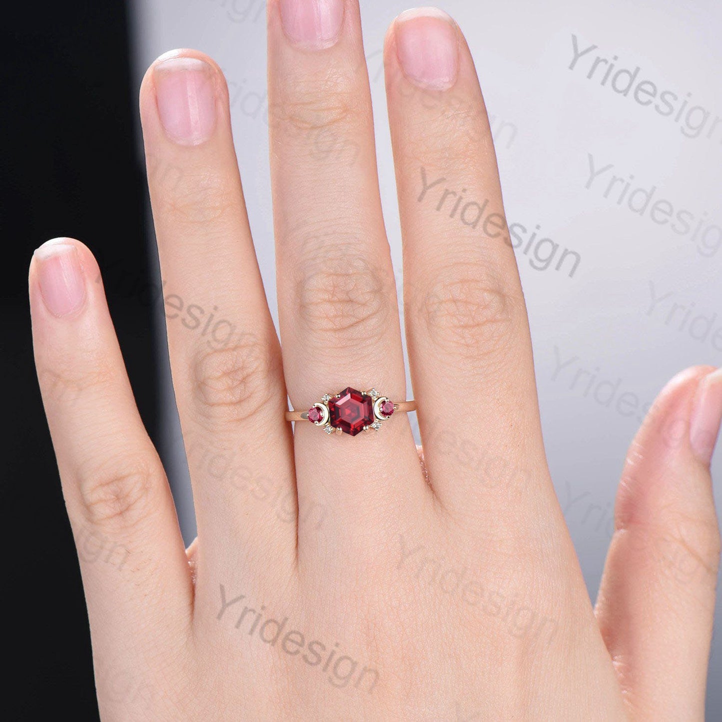 Vintage Garnet Ring Unique Hexagon Garnet Moon Engagement Ring women Art Deco January birthstone ring gift Antique Red Crystal Promise Ring - PENFINE