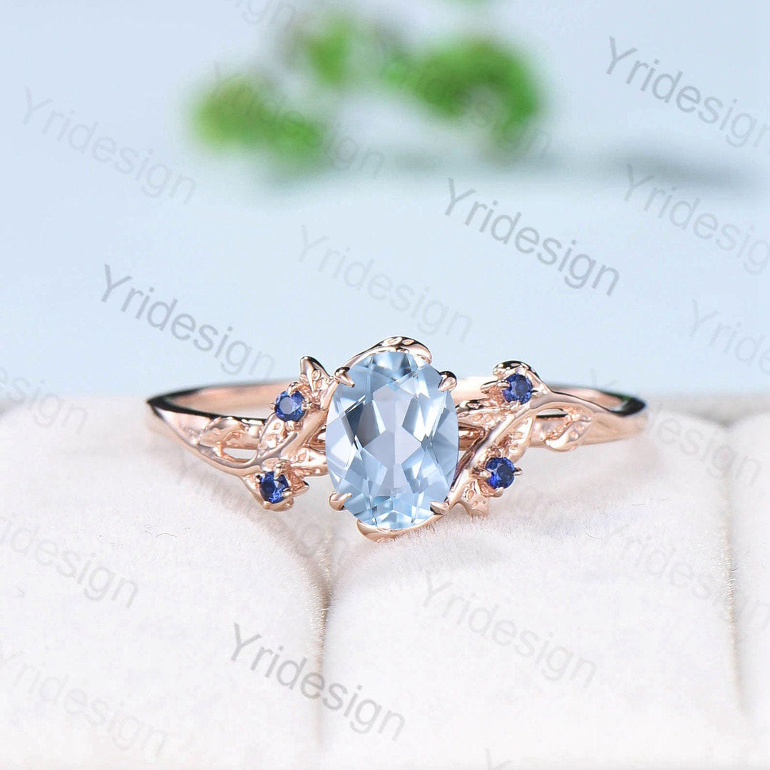 Vintage aquamarine engagement ring set Nature inspired wedding set Leaf twig rose gold bridal set for women Cluster Sapphire Branch ring - PENFINE