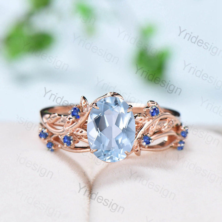 Vintage aquamarine engagement ring set Nature inspired wedding set Leaf twig rose gold bridal set for women Cluster Sapphire Branch ring - PENFINE