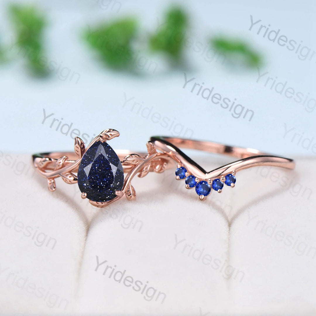 Nature Inspired Pear Shaped Blue Sandstone Engagement Rings Set  Leaf Wedding Ring Set Vintage Blue Goldstone Promise Ring Proposal Gifts - PENFINE