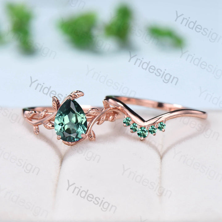 Nature Inspired  Sapphire Ring Elegant Teardrop Green Sapphire Solitaire Wedding Ring Set Vintage Unique Leaf Engagement Ring Women Leaves - PENFINE