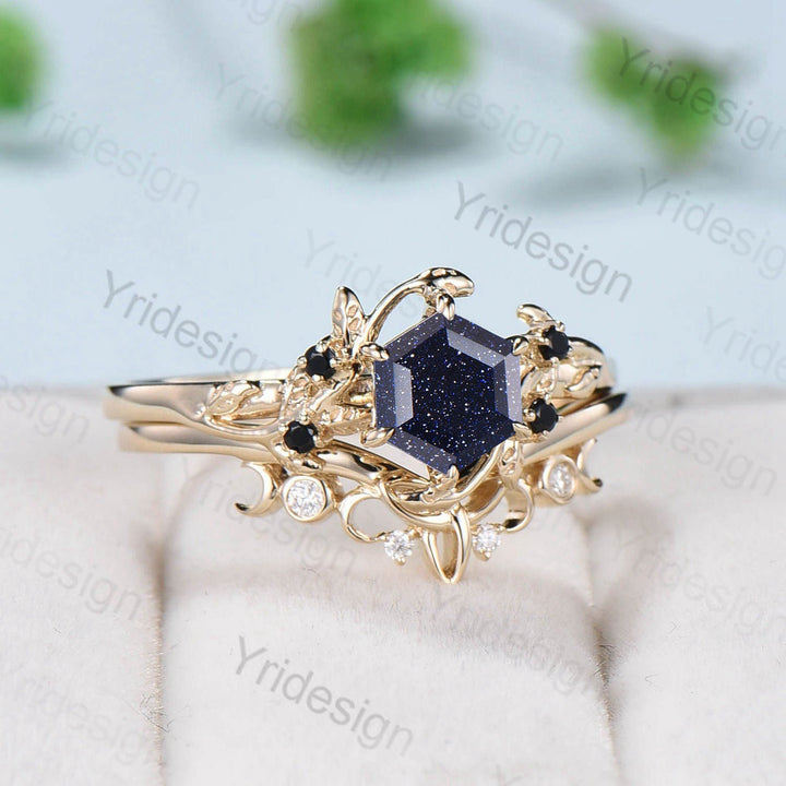 Elegant Hexagon cut blue sandstone wedding ring set Nature Inspired leaf galaxy engagement ring women black spinel crystal unique bridal set - PENFINE