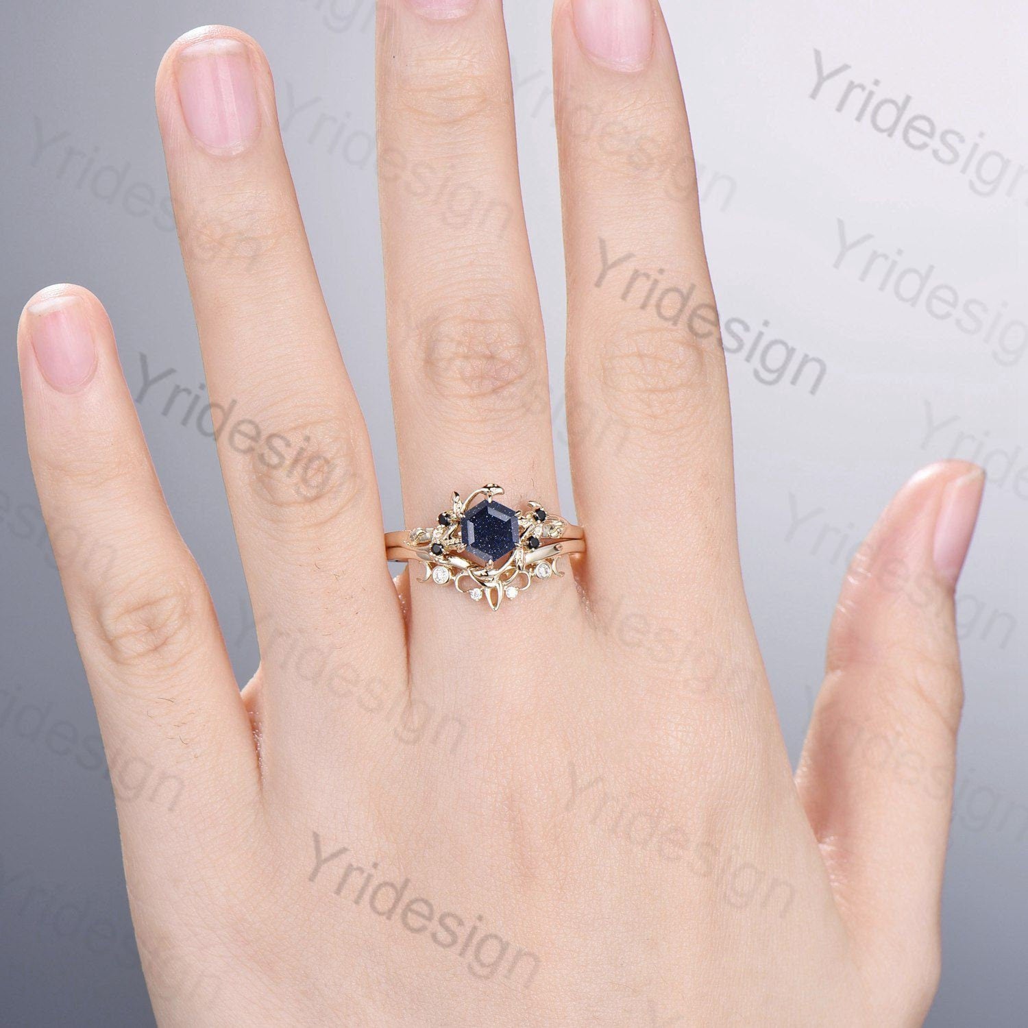 Hexagon cut blue sandstone ring deals rose gold silver for women vintage unique engagement ring dainty art deco sapphire moissanite wedding ring