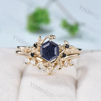 Elegant Hexagon cut blue sandstone wedding ring set Nature Inspired leaf galaxy engagement ring women black spinel crystal unique bridal set - PENFINE