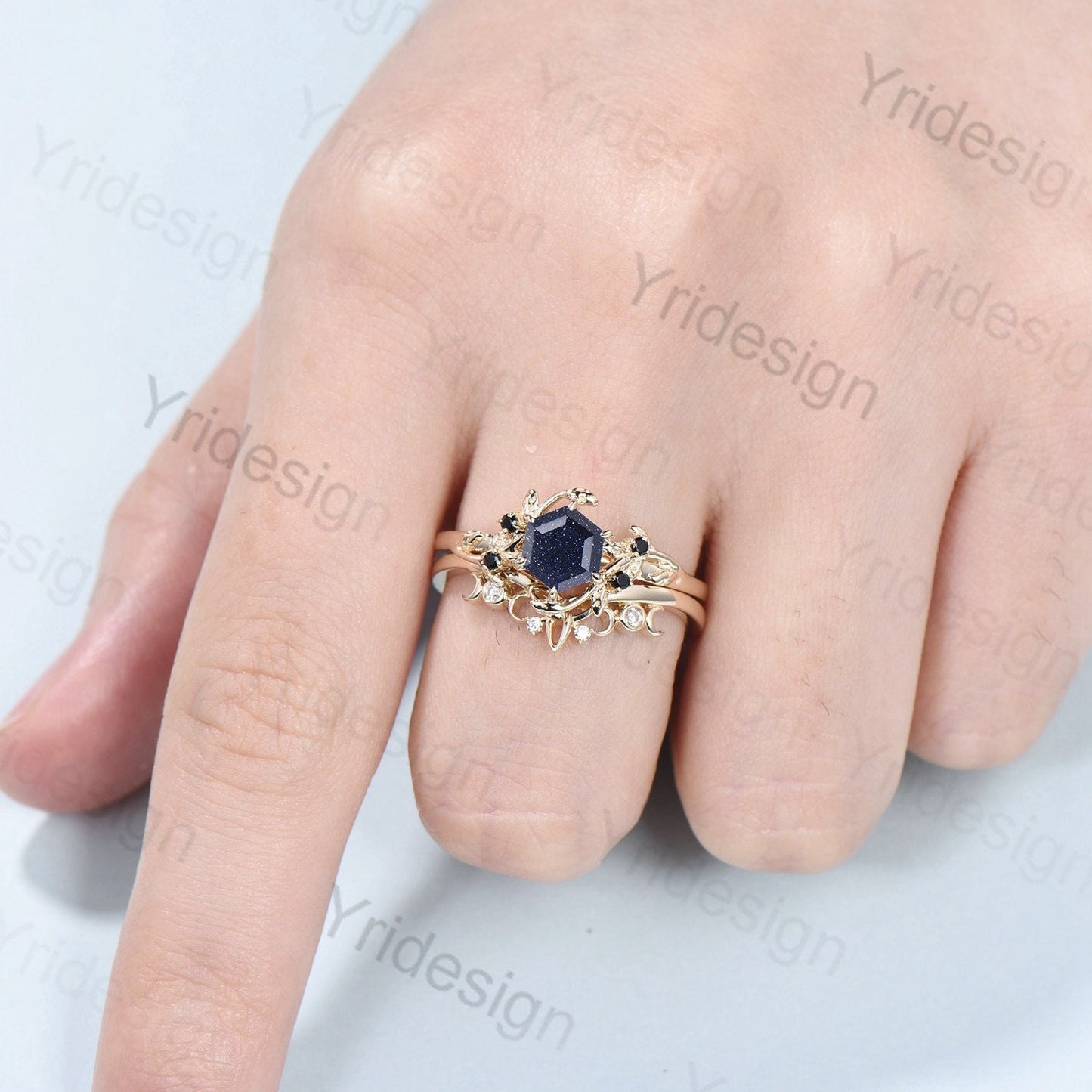 Elegant Hexagon cut blue sandstone wedding ring set Nature Inspired leaf galaxy engagement ring women black spinel crystal unique bridal set - PENFINE