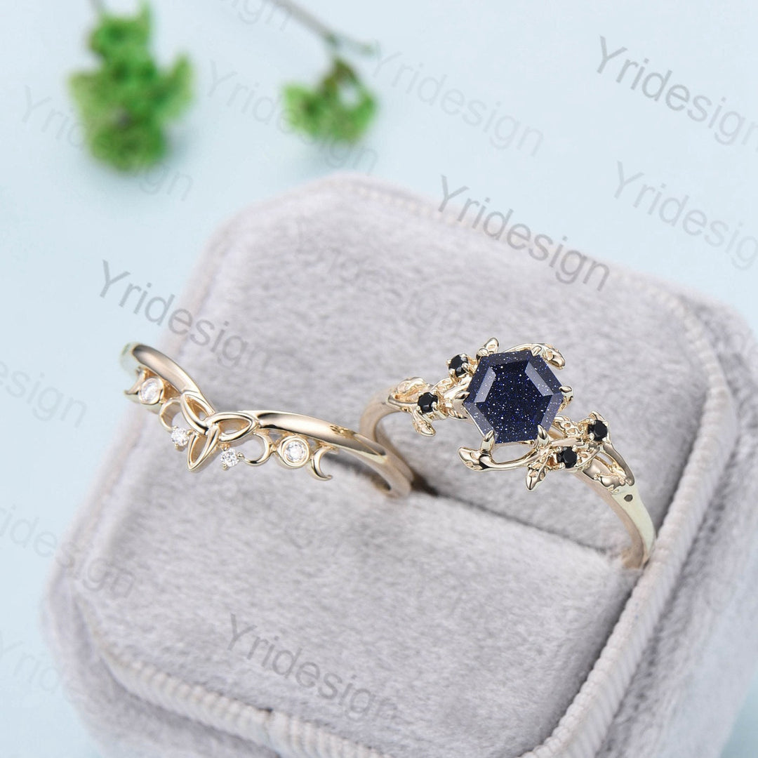 Elegant Hexagon cut blue sandstone wedding ring set Nature Inspired leaf galaxy engagement ring women black spinel crystal unique bridal set - PENFINE