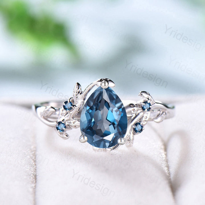 Elegant London Blue Topaz Ring Vintage Unique Twig Engagement Ring Leaf Cluster Blue Topaz Wedding Ring Women Natural inspired Branch Ring - PENFINE