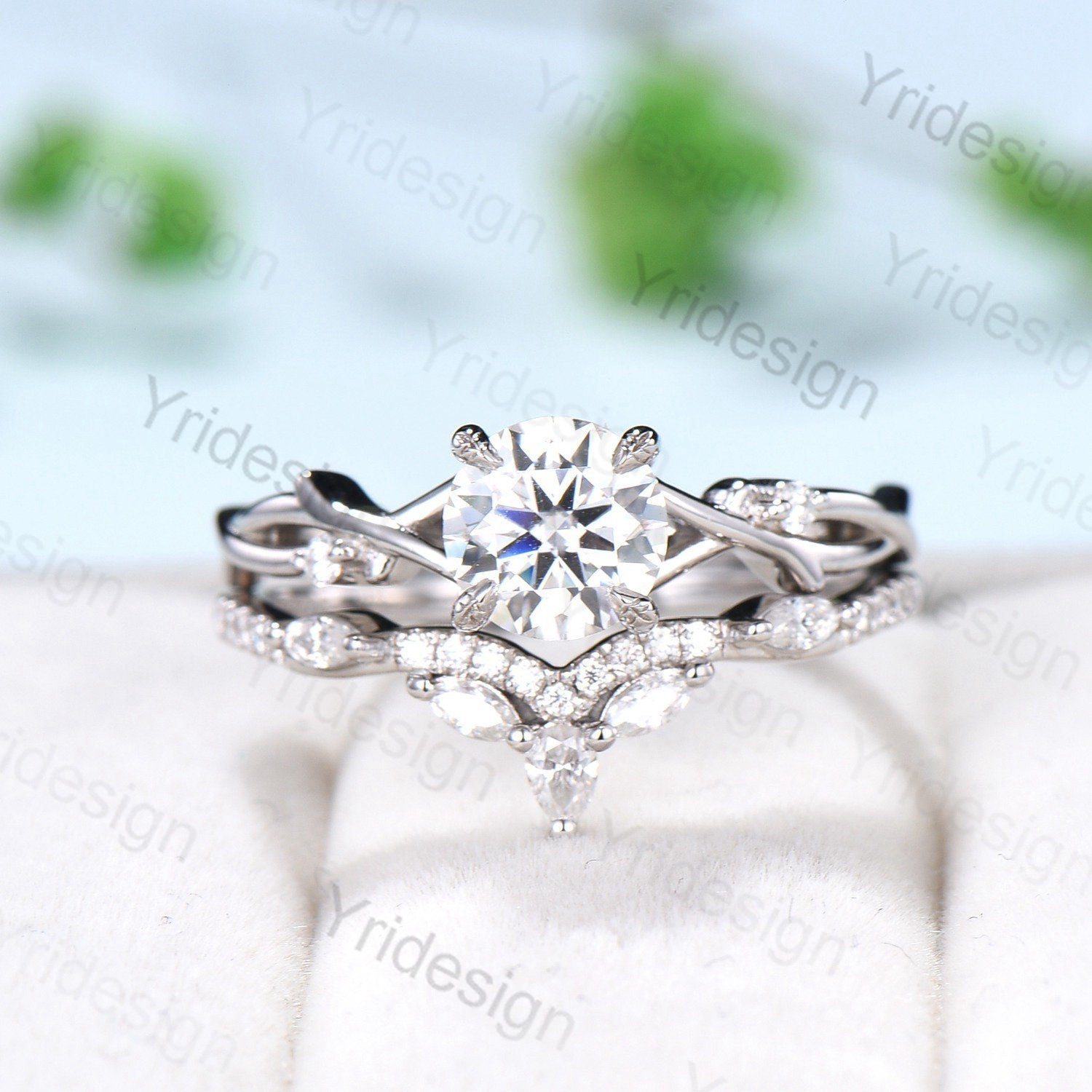 Leaf Twig Moissanite Engagement Ring Set Platinum Moissanite Ring Natural Inspired Branch Wedding Ring Set Women Unique Bridal Ring Set - PENFINE