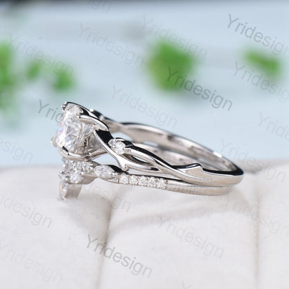 Leaf Twig Moissanite Engagement Ring Set Platinum Moissanite Ring Natural Inspired Branch Wedding Ring Set Women Unique Bridal Ring Set - PENFINE