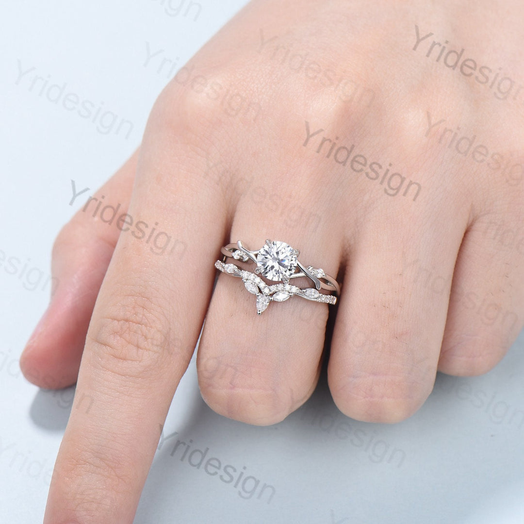 Leaf Twig Moissanite Engagement Ring Set Platinum Moissanite Ring Natural Inspired Branch Wedding Ring Set Women Unique Bridal Ring Set - PENFINE