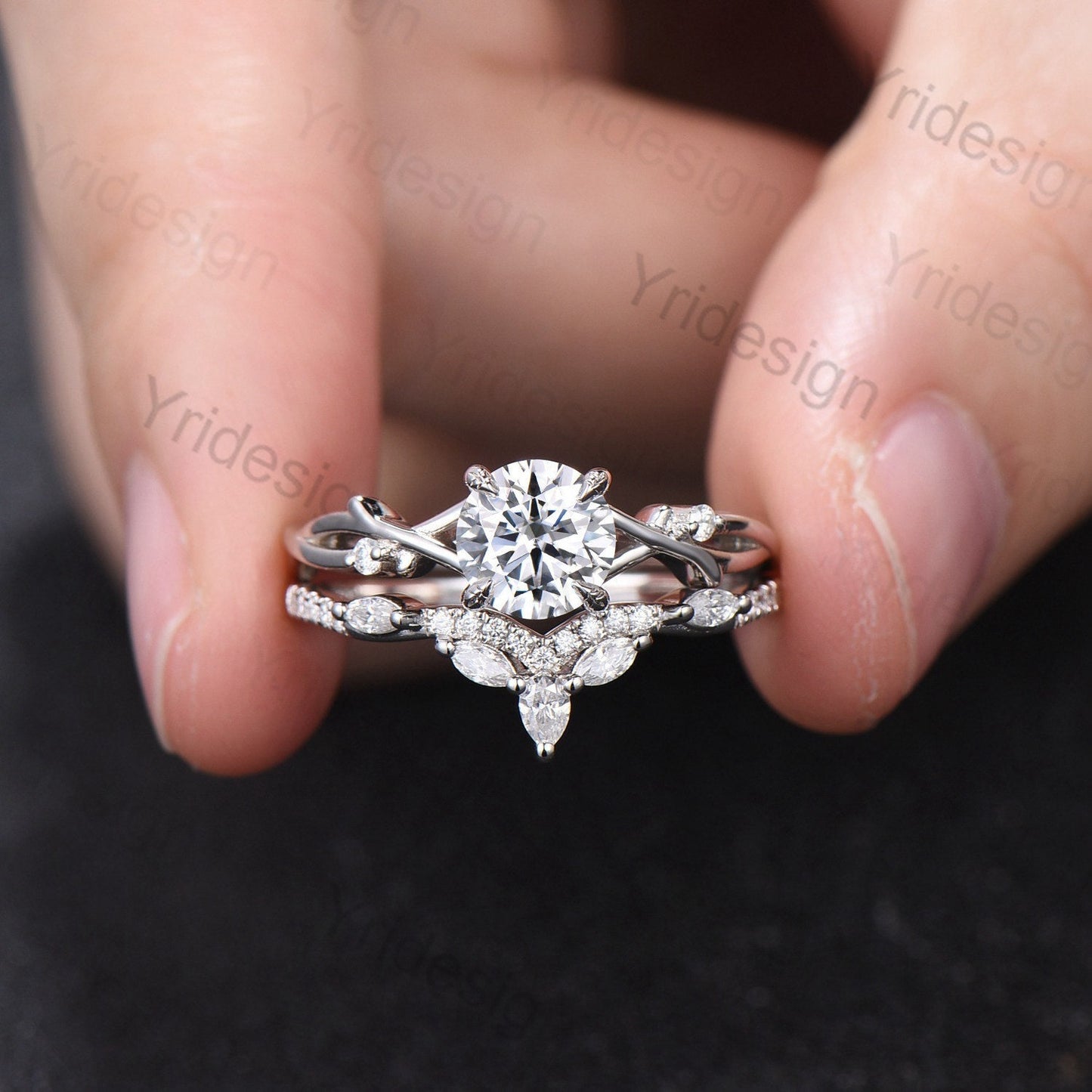 Leaf Twig Moissanite Engagement Ring Set Platinum Moissanite Ring Natural Inspired Branch Wedding Ring Set Women Unique Bridal Ring Set - PENFINE