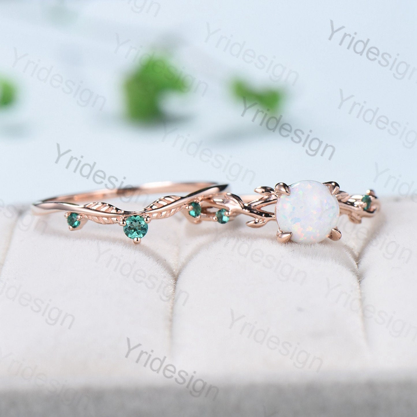 Twig Leaf Opal Engagement Ring Set Rose Gold Natural Inspired Branch Opal Emerald Wedding Ring Set Women Unique anniversary promise gift - PENFINE