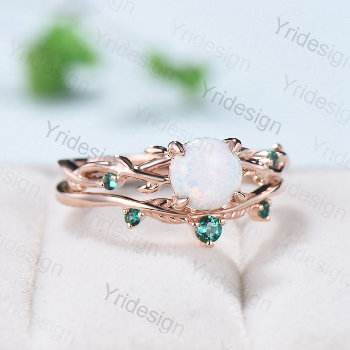 Twig Leaf Opal Engagement Ring Set Rose Gold Natural Inspired Branch Opal Emerald Wedding Ring Set Women Unique anniversary promise gift - PENFINE