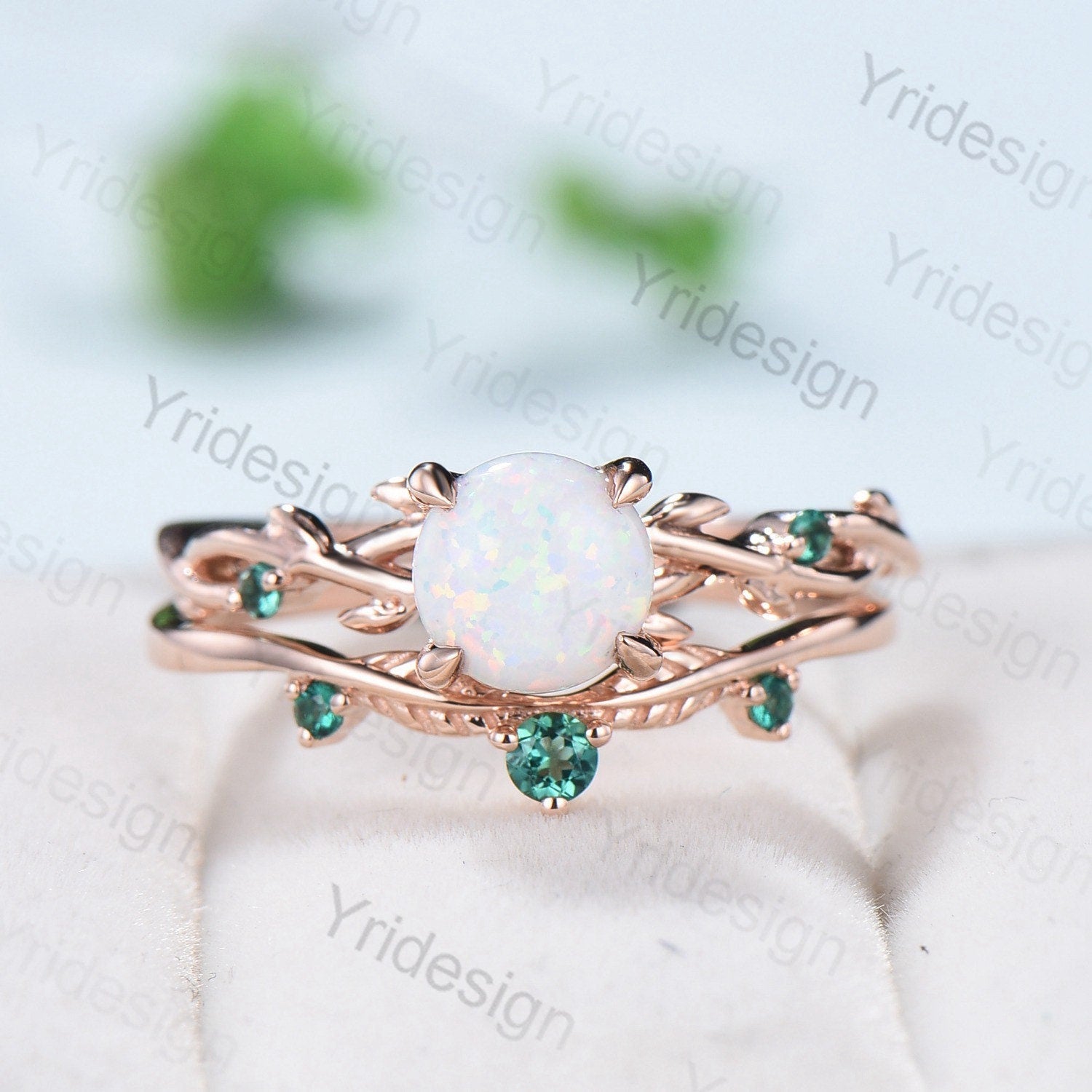 Twig Leaf Opal Engagement Ring Set Rose Gold Natural Inspired Branch Opal Emerald Wedding Ring Set Women Unique anniversary promise gift - PENFINE