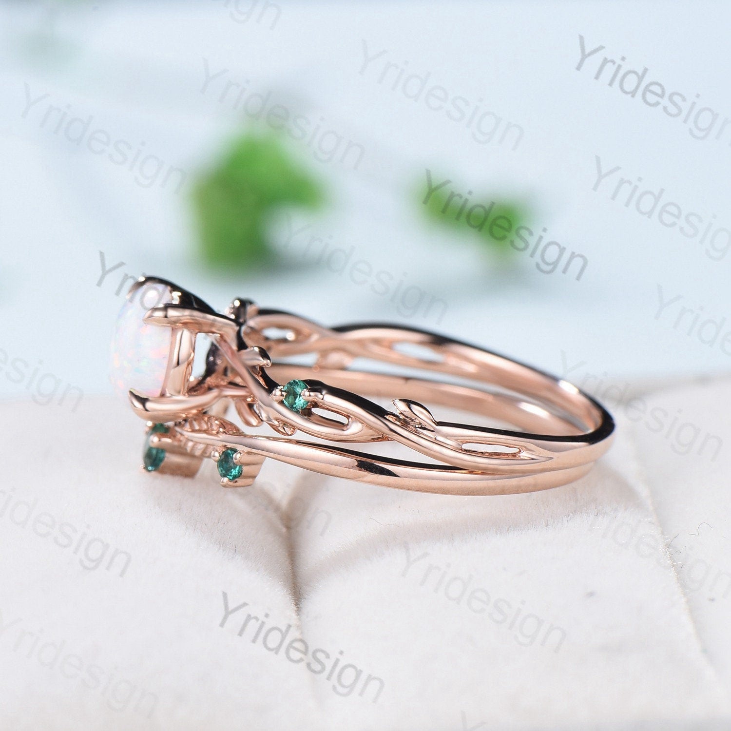 Twig Leaf Opal Engagement Ring Set Rose Gold Natural Inspired Branch Opal Emerald Wedding Ring Set Women Unique anniversary promise gift - PENFINE