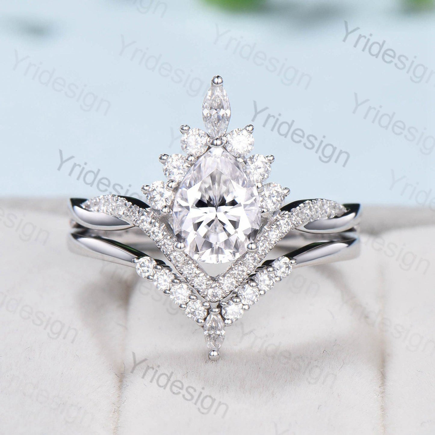 Vintage Retro Moissanite engagement ring set Vintage Pear shaped Moissanite wedding ring set white gold Unique Twisted Promise ring for her - PENFINE