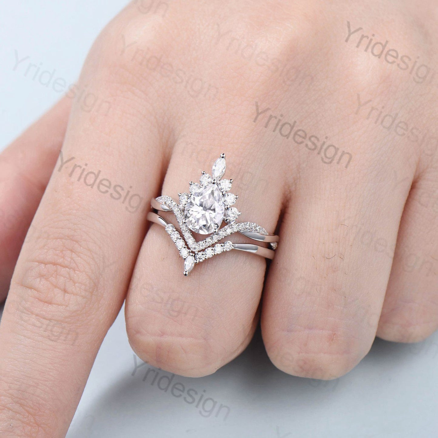 Vintage Retro Moissanite engagement ring set Vintage Pear shaped Moissanite wedding ring set white gold Unique Twisted Promise ring for her - PENFINE