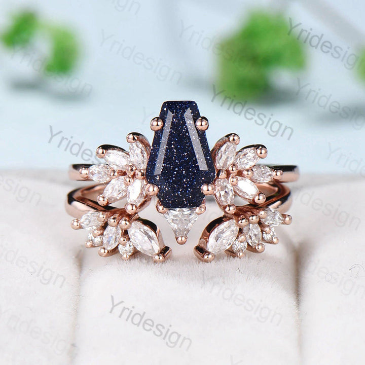 Fancy coffin shaped blue sandstone ring set vintage unique engagement ring blue star goldstone galaxy moissanite wedding bridal promise ring - PENFINE