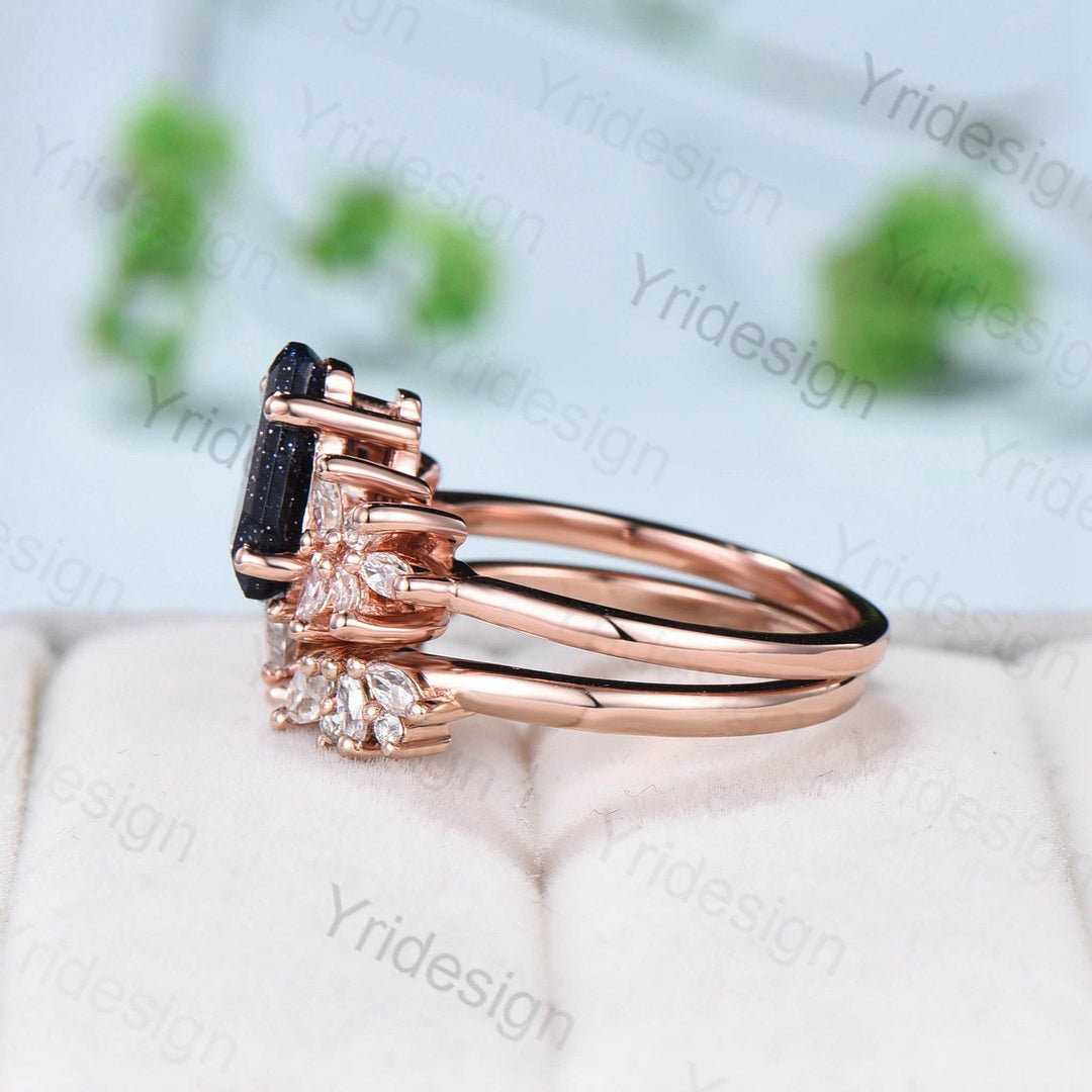 Fancy coffin shaped blue sandstone ring set vintage unique engagement ring blue star goldstone galaxy moissanite wedding bridal promise ring - PENFINE