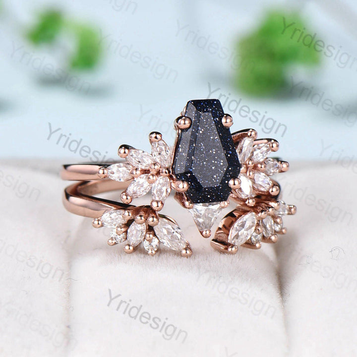 Fancy coffin shaped blue sandstone ring set vintage unique engagement ring blue star goldstone galaxy moissanite wedding bridal promise ring - PENFINE