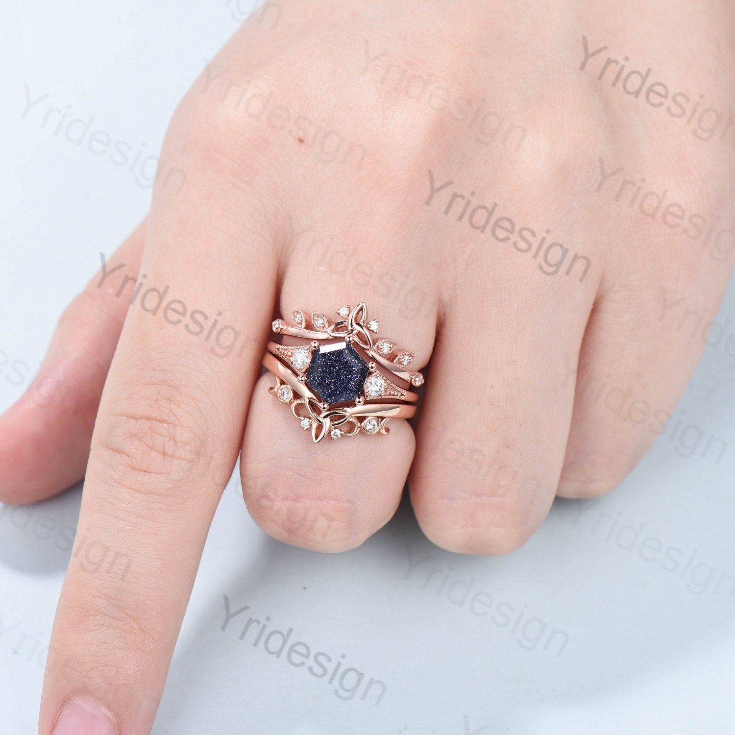 Vintage Retro Blue Sandstone Ring Set Silver Gold Engagement Ring Anniversary Gift For Her Rose Gold Hexagon Bridal Ring Set Proposal Gift - PENFINE
