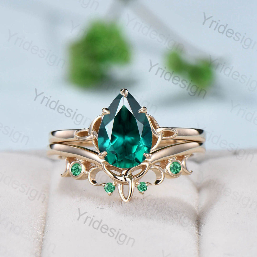 Vintage emerald engagement ring set pear shaped green crystal wedding ring set women Unique Norse Viking Celtic Love Knot bridal ring gift - PENFINE